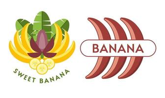 Set of logos, emblems, badges with yellow, red bananas, banana flowers, leaves, slices, bunch of bananas. Isolated vector illustration. Good for decoration of food package, creation of stickers