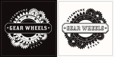 Monochrome vintage label with white, black gearwheels and horizontal space for text. Round emblem in steampunk style. vector