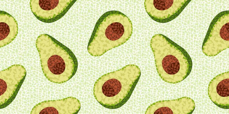 Avocado in mosaic style with small polygonal shapes. Fruit seamless vector pattern.