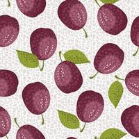 Plums in mosaic style with small polygonal shapes. Fruit seamless vector pattern.