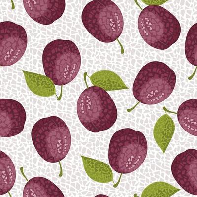 Plums in mosaic style with small polygonal shapes. Fruit seamless vector pattern.