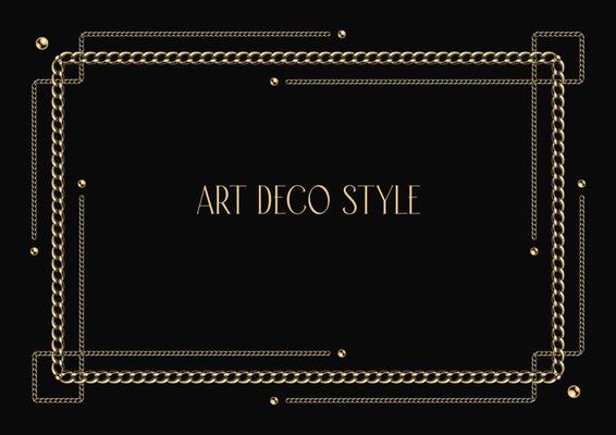 Art deco geometric frame made of golden chain, beads