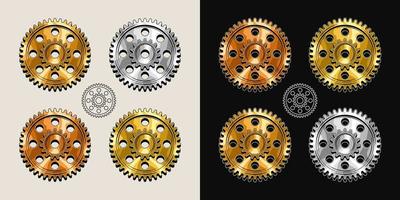 Gold, brass, copper, steel polished gears in vintage style. Base shape of gears with editable strokes. Good for decoration in steampunk style. Vector.