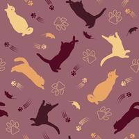 Seamless pattern with yellow, orange, burgundy silhouettes of cats, mouse, contour cat footprint, scratches on plum color background. Cats jump, sit, catch. Vector image in contrasting colors.