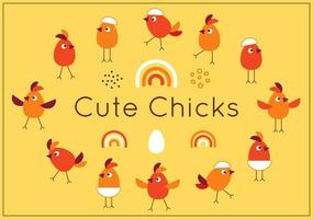 Set of cute cartoon chicks with rainbow, egg, dots. Simple geometric style. Vector design elements.