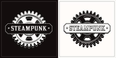 Monochrome vintage label with white, black gearwheel and horizontal space for text. Round emblem in steampunk style. vector