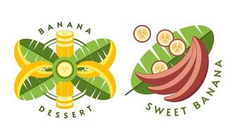 Set of logos, emblems, badges with yellow, red bananas, banana flowers, leaves, slices, bunch of bananas. Isolated vector illustration. Good for decoration of food package, creation of stickers