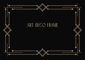 Art deco geometric frame made of golden chain and beads. Chain brush, base editable frame included. Vintage old antique elegant vector design with copy space.