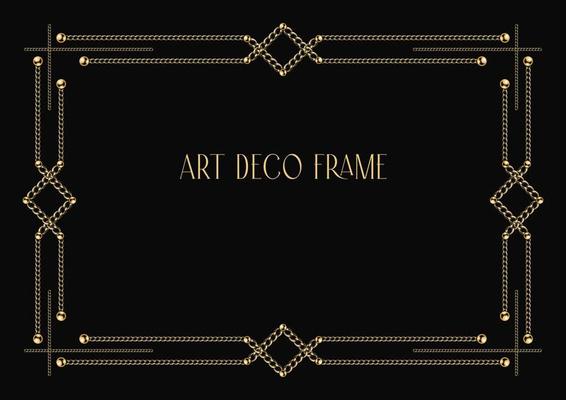 Art deco geometric frame made of golden chain and beads. Chain brush, base editable frame included. Vintage old antique elegant vector design with copy space.