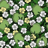 Seamless pattern with green unripe apples and apple blossom, green leaves. Vector vintage illustration.