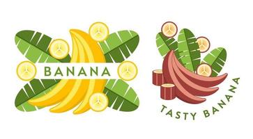 Set of logos, emblems, badges with yellow, red bananas, banana flowers, leaves, slices, bunch of bananas. Isolated vector illustration. Good for decoration of food package, creation of stickers. Flat