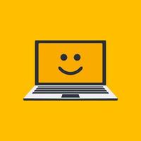 Yellow emoji smiling on laptop screen vector illustration. World smiling day 6th october. Isolated notebook on yellow background