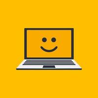 Yellow emoji smiling on laptop screen vector illustration. World smiling day 6th october. Isolated notebook on yellow background