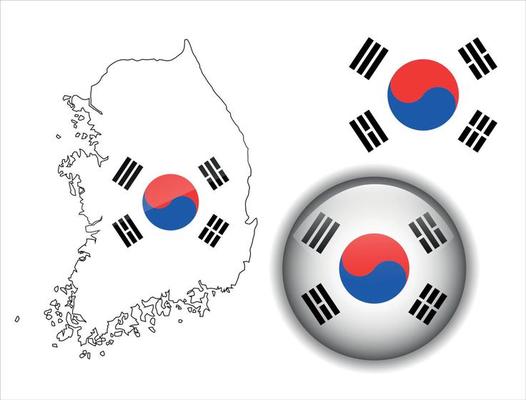 South Korea, Korean flag, map and glossy button, vector illustration set.