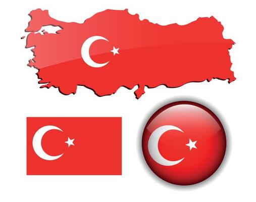Turkey, Turkish flag, map and glossy button.