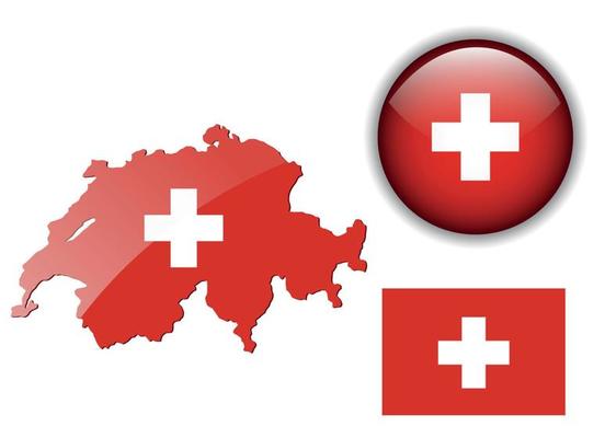 Switzerland, Swiss flag, map and glossy button.