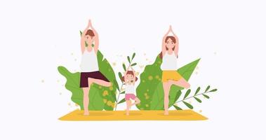 la familia hace ejercicio de yoga en el parque. madre, padre e hija demostrando pose de yoga de árbol. animación en bucle.