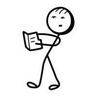 Stick figure with reports, hand drawn icon of data manager vector