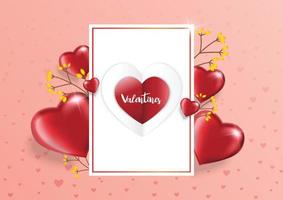 Fondo del día de San Valentín con cuadro de texto y globos de corazones hermosos. tarjeta de felicitación, invitación o plantilla de banner