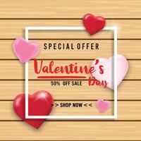 Valentines day sale background with balloons heart on wooden. Vector illustration. Wallpaper, flyers, invitation, posters, brochure, banners.
