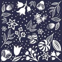 Flowers seamless pattern. White silhouettes flowers, leafs, branches on dark blue background. Vector illustration.
