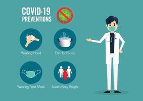 Infografía de prevención del coronavirus covid-19. médico de pie señalando con el dedo las infografías de métodos de prevención. vector