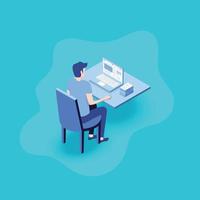 Businessman working at the computer. Man looking at the laptop screen. Flat 3d vector isometric illustration
