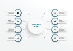 Vector infographic template with 3D paper label, integrated circles. Business concept with 8 options. For content, diagram, flowchart, steps, parts, timeline infographics, workflow, chart.