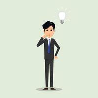 Business man thinking with idea in think vector illustration. Business man and bulb in bubble think. Vector illustrator.