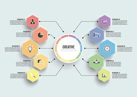 plantilla infográfica vectorial con etiqueta de papel 3d, círculos integrados. concepto de negocio con 10 opciones. para contenido, diagrama, diagrama de flujo, pasos, partes, infografías de línea de tiempo, flujo de trabajo, gráfico. vector