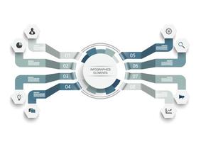 diseño infográfico con etiqueta de papel 3d, círculos integrados. concepto de negocio con 8 opciones. para contenido, diagrama, diagrama de flujo, pasos, partes, infografías de línea de tiempo, flujo de trabajo, gráfico. vector