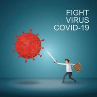 el hombre lucha contra el virus de la corona covid-19. curar el virus de la corona. la gente lucha contra el concepto de virus. concepto de vacuna contra el virus de la corona. virus ilustrador. vector