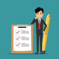 Businessman and pencil at big complete checklist with tick marks. Business organization and achievements of goals vector concept. Check list with tick mark, businessman with questionnaire
