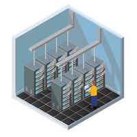 Isometric Vector Illustration diagnostic test in a server computer room. Server test in room. Servers being tested in room. Technology communication . Infographics Stick Figure. Vector illustrator