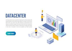 Internet datacenter connection, administrator of web hosting concept. Character and text for services. Technology center hardware software database for safe server. Flat isometric. vector