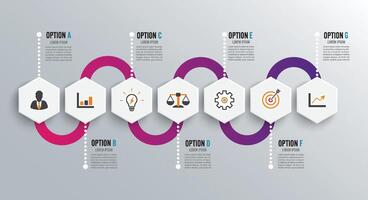 plantilla de diseño infográfico e iconos de marketing. plantilla para diagrama, gráfico, presentación y gráfico redondo. concepto de negocio con 7 opciones, partes, pasos o procesos. Visualización de datos. vector