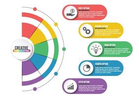 El vector de diseño de infografías y los iconos de marketing se pueden utilizar para el diseño de flujo de trabajo, diagrama, informe anual, diseño web. concepto de negocio con 5 opciones, pasos o procesos.