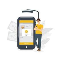 Online payment concept. Man hold smartphone shopping on smartphone on screen. Purchases in internet with mobile phone paying. Cartoon Flat. vector