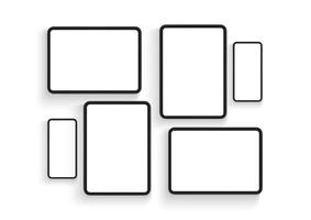 pantallas de teléfonos inteligentes y tabletas para la presentación del diseño de aplicaciones móviles, aisladas en fondo blanco. ilustración vectorial