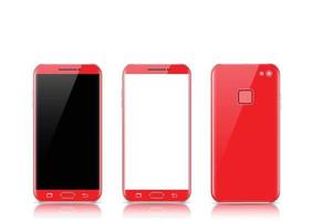 teléfono inteligente con pantalla táctil roja moderna aislado en un fondo claro. parte delantera y trasera del teléfono aisladas. ilustración vectorial