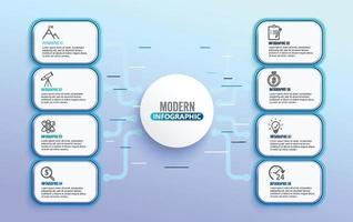 Vector infographic template with 3D paper label circles. Business concept with 8 options. For content, diagram, flowchart, steps, parts, timeline infographics, workflow, chart.