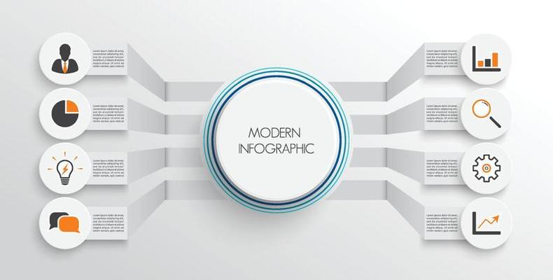 Vector infographic template with 3D paper label, integrated circles. Business concept with 8 options. For content, diagram, flowchart, steps, parts, timeline infographics, workflow, chart.