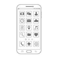 Outline drawing smartphone. Elegant thin line style design. Vector smartphone with UI icons.