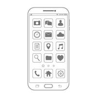 Outline drawing smartphone. Elegant thin line style design. Vector smartphone with UI icons.