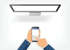 Hands holding smartphone with text screen. smartphone is connected to computer. vector