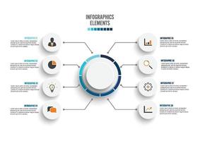 plantilla de infografía vectorial con etiqueta de papel 3d, círculos integrados. concepto de negocio con 8 opciones. para contenido, diagrama, diagrama de flujo, pasos, partes, infografías de línea de tiempo, flujo de trabajo, gráfico. vector