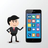 Businessman present with smartphone icons.