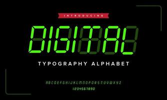 Digital clock number green alphabet. Numeric technology led modern simple typography. Isolated vector