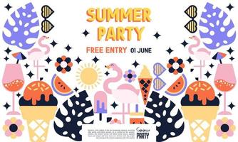 Summer party poster, flyer, background template. Simple invitation with colorful shape. Vector illustration