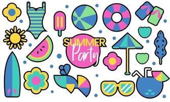 conjunto de colección de formas de elementos de verano hola sol de verano gafas de sol paraguas flor tabla de surf vector
